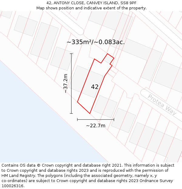 42, ANTONY CLOSE, CANVEY ISLAND, SS8 9PF: Plot and title map