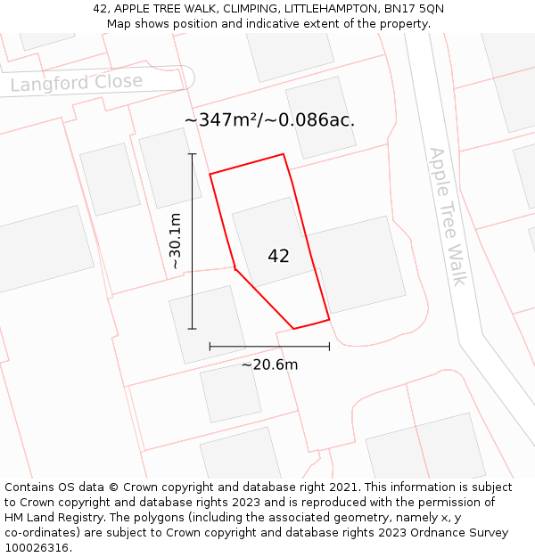 42, APPLE TREE WALK, CLIMPING, LITTLEHAMPTON, BN17 5QN: Plot and title map