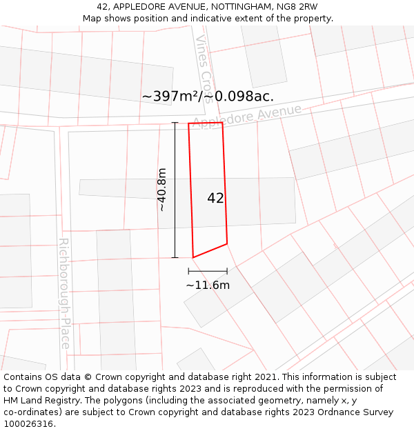 42, APPLEDORE AVENUE, NOTTINGHAM, NG8 2RW: Plot and title map