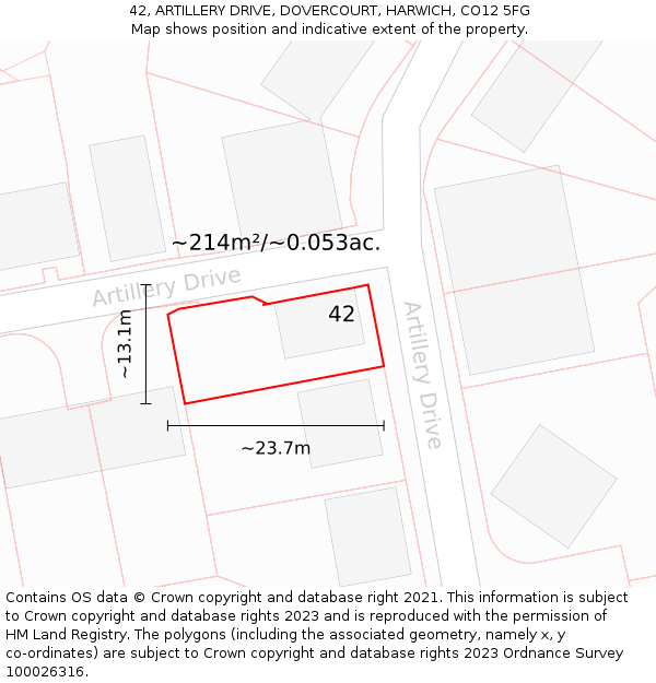 42, ARTILLERY DRIVE, DOVERCOURT, HARWICH, CO12 5FG: Plot and title map