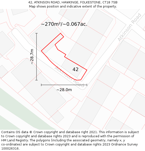 42, ATKINSON ROAD, HAWKINGE, FOLKESTONE, CT18 7SB: Plot and title map