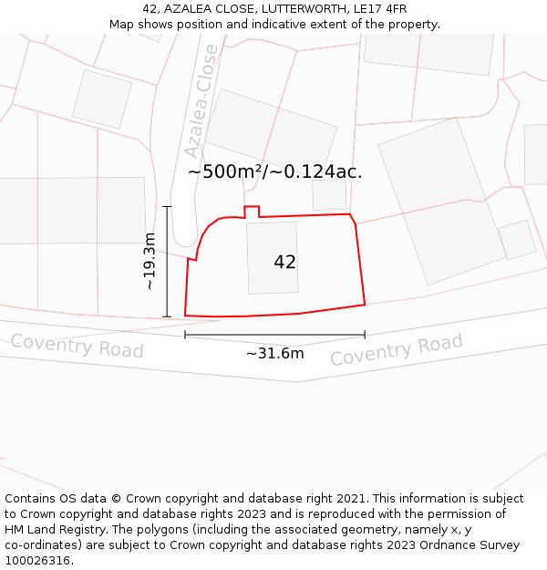42, AZALEA CLOSE, LUTTERWORTH, LE17 4FR: Plot and title map