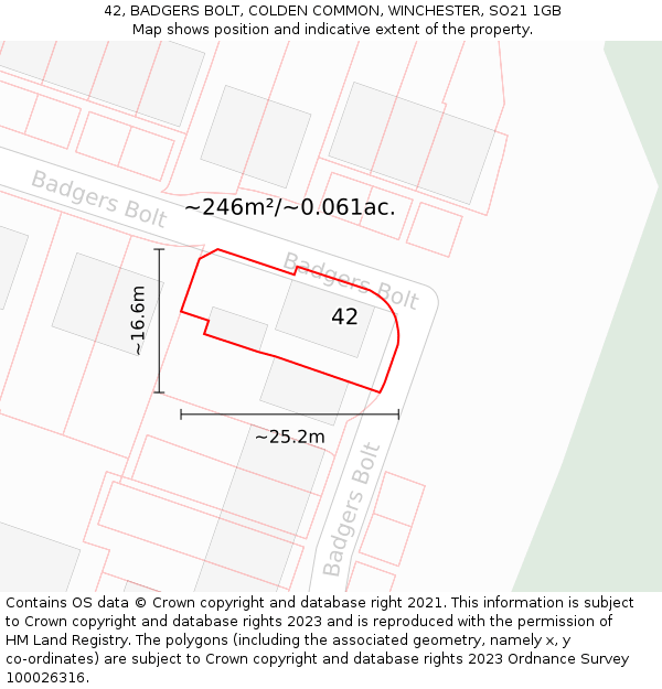 42, BADGERS BOLT, COLDEN COMMON, WINCHESTER, SO21 1GB: Plot and title map
