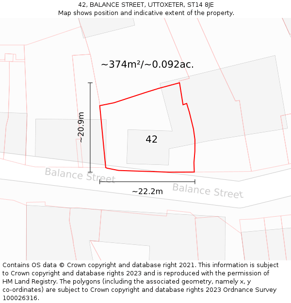 42, BALANCE STREET, UTTOXETER, ST14 8JE: Plot and title map