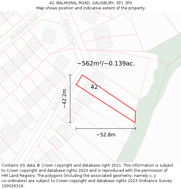 42, BALMORAL ROAD, SALISBURY, SP1 3PX: Plot and title map