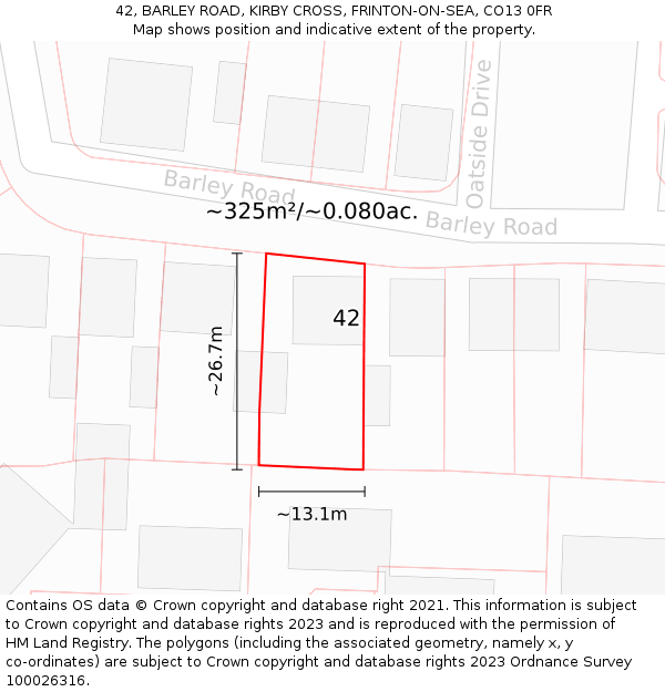 42, BARLEY ROAD, KIRBY CROSS, FRINTON-ON-SEA, CO13 0FR: Plot and title map