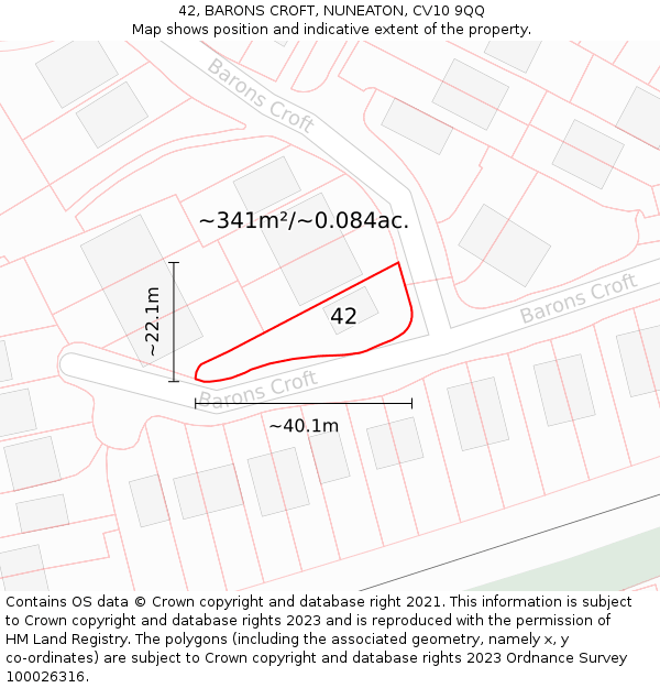 42, BARONS CROFT, NUNEATON, CV10 9QQ: Plot and title map