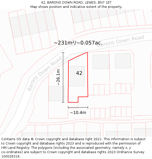 42, BARONS DOWN ROAD, LEWES, BN7 1ET: Plot and title map