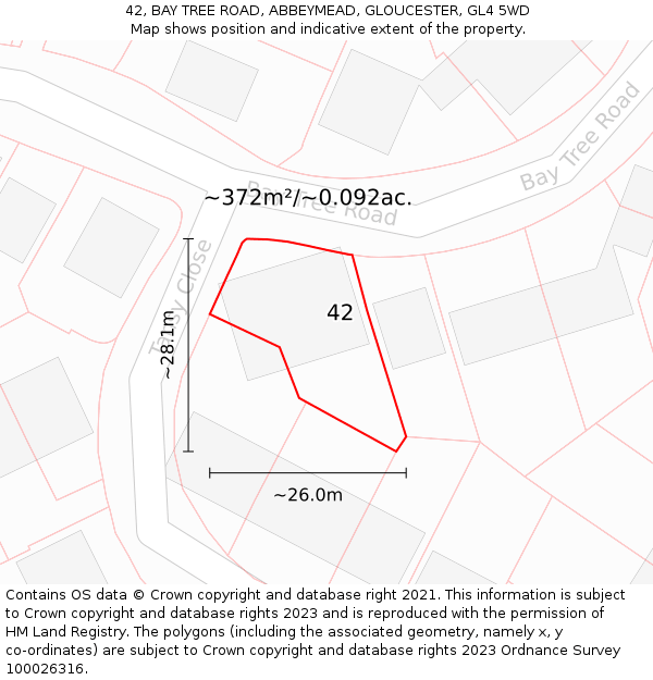 42, BAY TREE ROAD, ABBEYMEAD, GLOUCESTER, GL4 5WD: Plot and title map