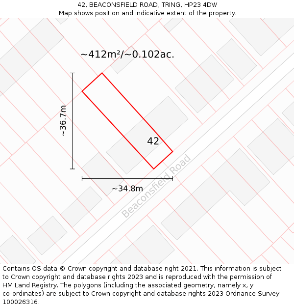 42, BEACONSFIELD ROAD, TRING, HP23 4DW: Plot and title map