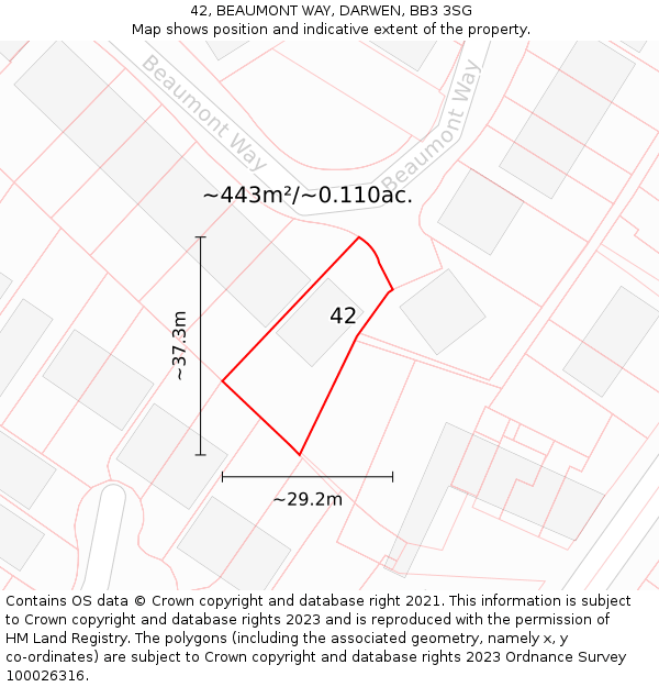 42, BEAUMONT WAY, DARWEN, BB3 3SG: Plot and title map