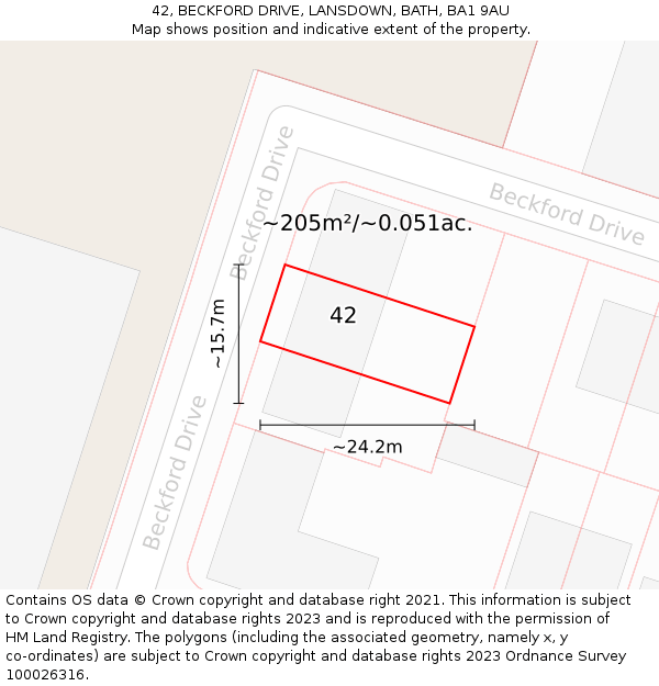 42, BECKFORD DRIVE, LANSDOWN, BATH, BA1 9AU: Plot and title map