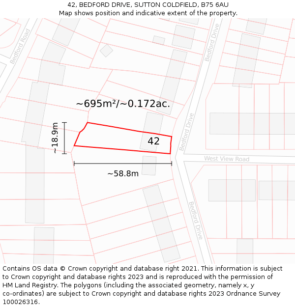 42, BEDFORD DRIVE, SUTTON COLDFIELD, B75 6AU: Plot and title map