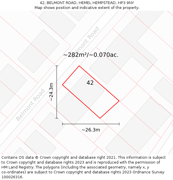 42, BELMONT ROAD, HEMEL HEMPSTEAD, HP3 9NY: Plot and title map