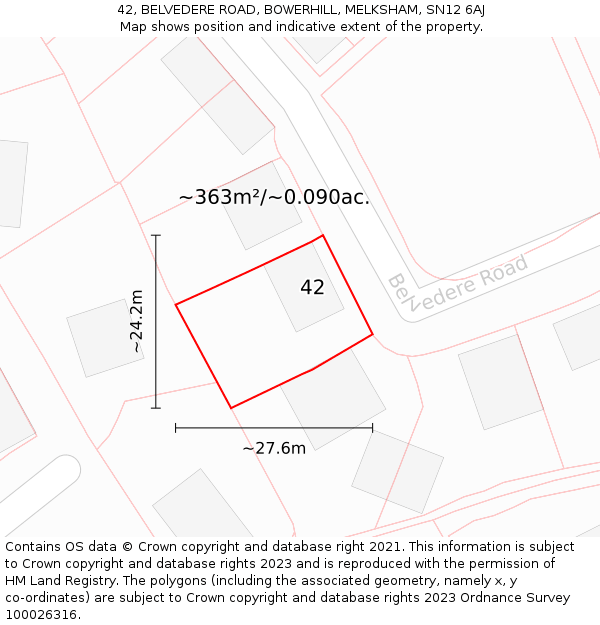 42, BELVEDERE ROAD, BOWERHILL, MELKSHAM, SN12 6AJ: Plot and title map