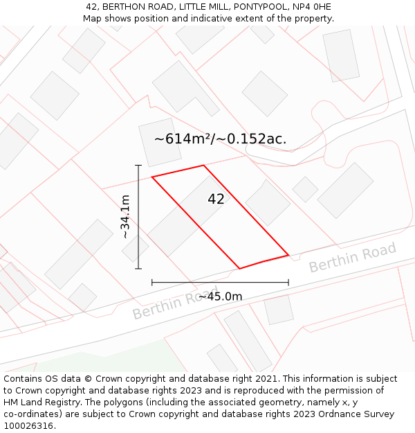 42, BERTHON ROAD, LITTLE MILL, PONTYPOOL, NP4 0HE: Plot and title map