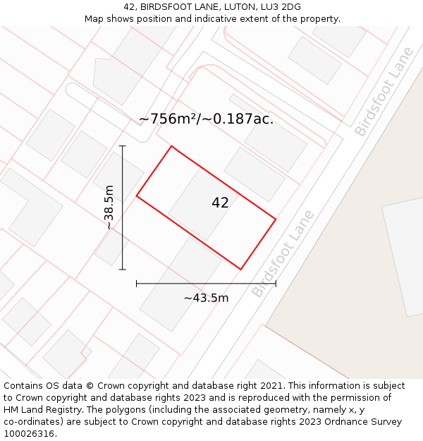 42, BIRDSFOOT LANE, LUTON, LU3 2DG: Plot and title map