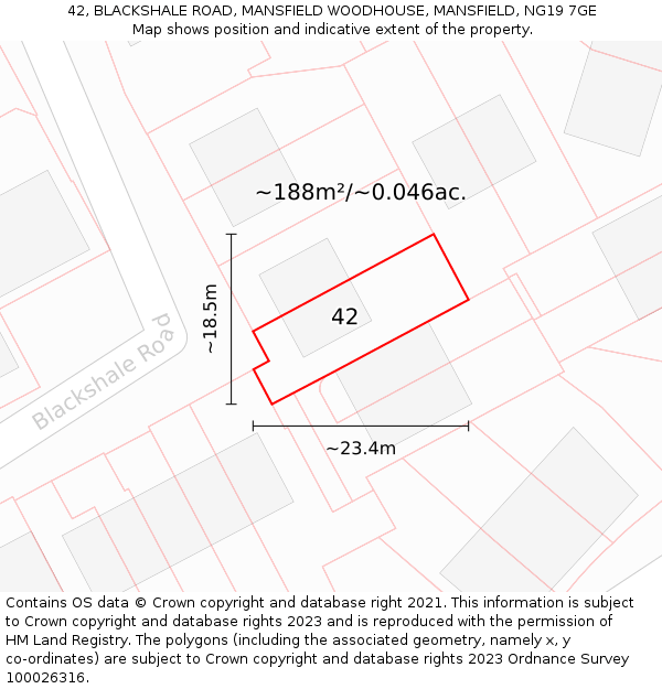 42, BLACKSHALE ROAD, MANSFIELD WOODHOUSE, MANSFIELD, NG19 7GE: Plot and title map