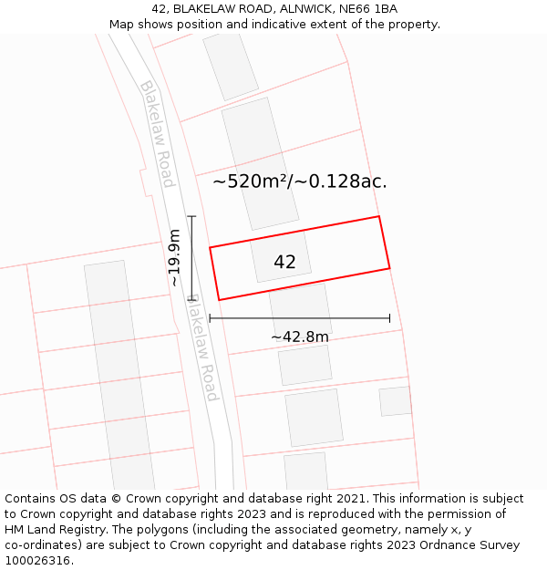 42, BLAKELAW ROAD, ALNWICK, NE66 1BA: Plot and title map