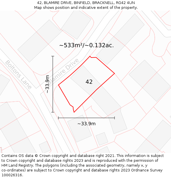 42, BLAMIRE DRIVE, BINFIELD, BRACKNELL, RG42 4UN: Plot and title map