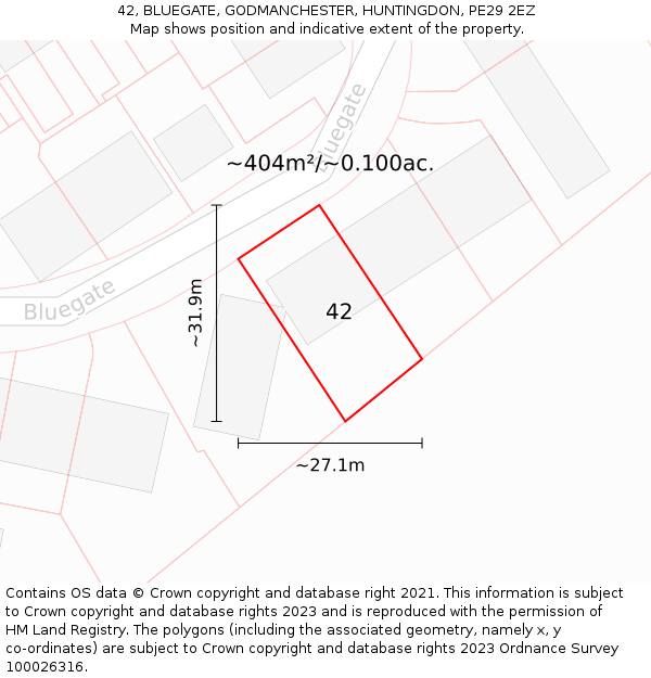 42, BLUEGATE, GODMANCHESTER, HUNTINGDON, PE29 2EZ: Plot and title map