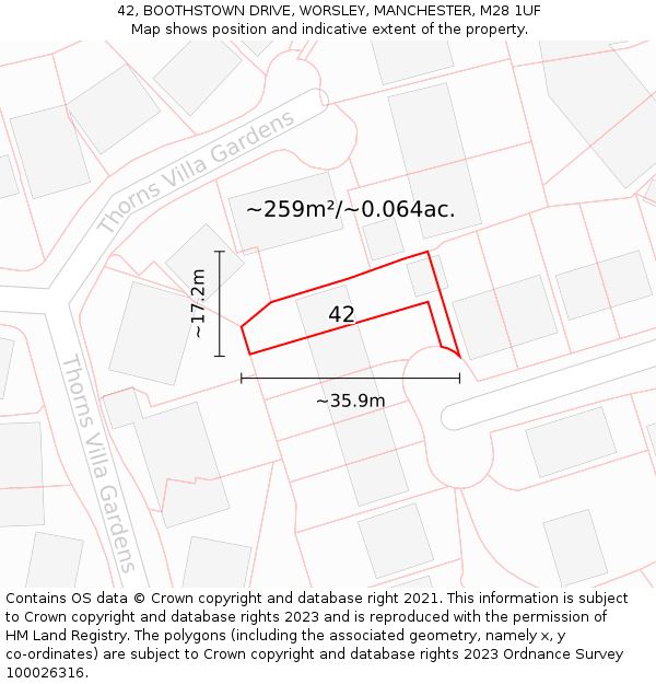 42, BOOTHSTOWN DRIVE, WORSLEY, MANCHESTER, M28 1UF: Plot and title map