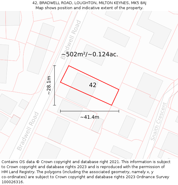 42, BRADWELL ROAD, LOUGHTON, MILTON KEYNES, MK5 8AJ: Plot and title map