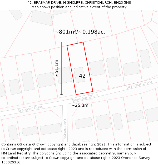 42, BRAEMAR DRIVE, HIGHCLIFFE, CHRISTCHURCH, BH23 5NS: Plot and title map