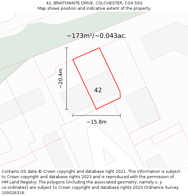 42, BRAITHWAITE DRIVE, COLCHESTER, CO4 5XG: Plot and title map