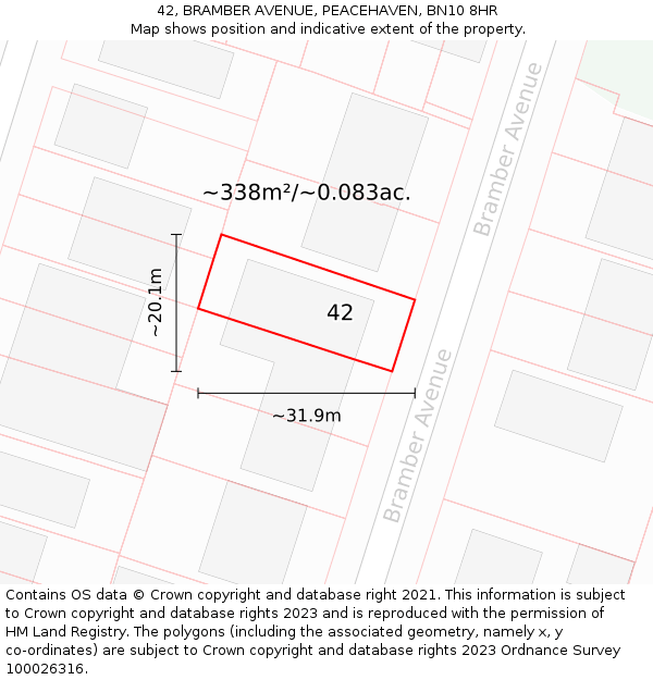 42, BRAMBER AVENUE, PEACEHAVEN, BN10 8HR: Plot and title map