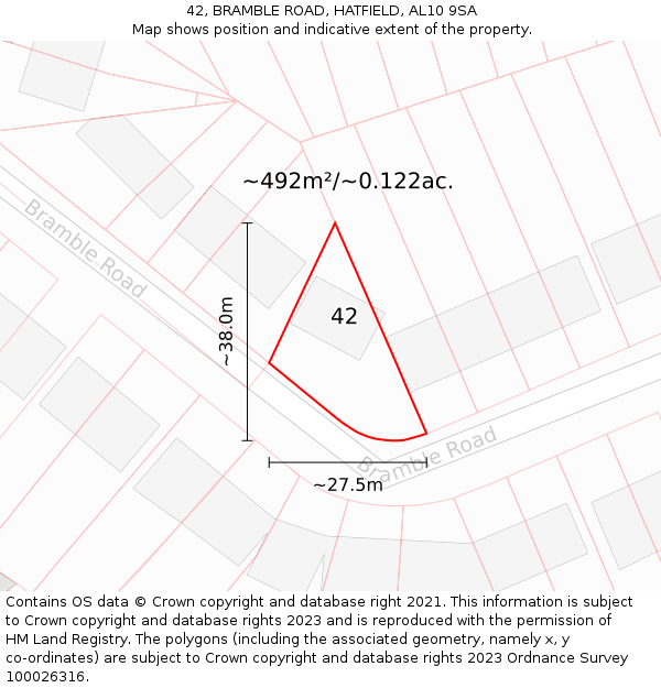 42, BRAMBLE ROAD, HATFIELD, AL10 9SA: Plot and title map