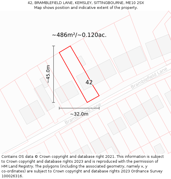 42, BRAMBLEFIELD LANE, KEMSLEY, SITTINGBOURNE, ME10 2SX: Plot and title map