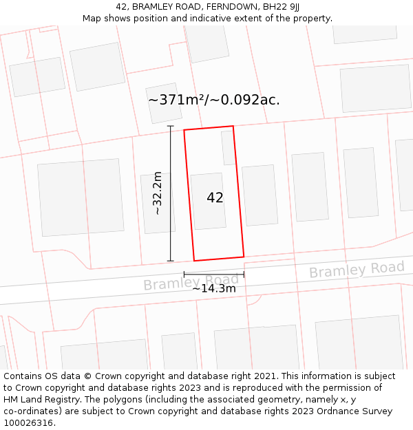 42, BRAMLEY ROAD, FERNDOWN, BH22 9JJ: Plot and title map