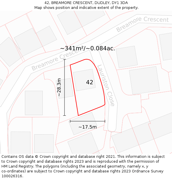 42, BREAMORE CRESCENT, DUDLEY, DY1 3DA: Plot and title map