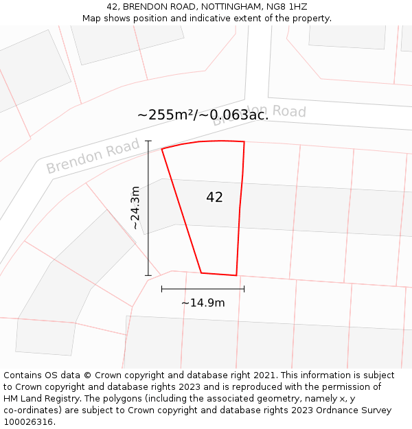 42, BRENDON ROAD, NOTTINGHAM, NG8 1HZ: Plot and title map