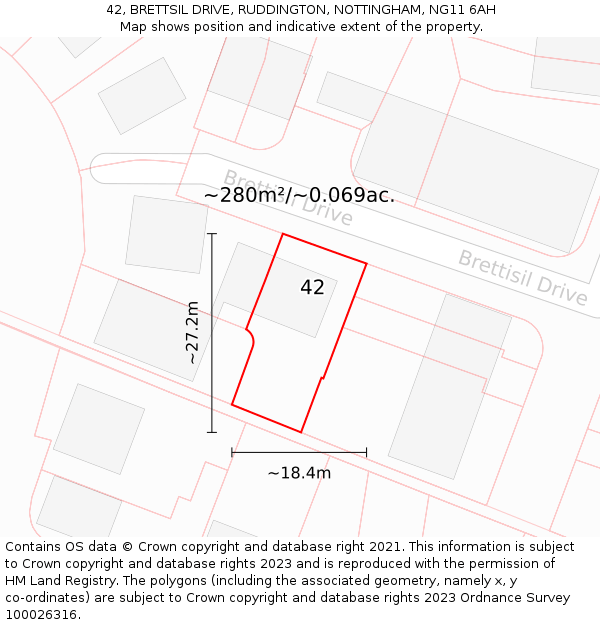 42, BRETTSIL DRIVE, RUDDINGTON, NOTTINGHAM, NG11 6AH: Plot and title map