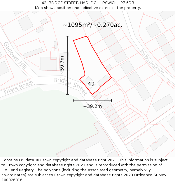 42, BRIDGE STREET, HADLEIGH, IPSWICH, IP7 6DB: Plot and title map