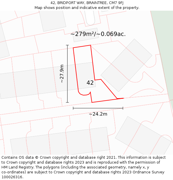 42, BRIDPORT WAY, BRAINTREE, CM7 9FJ: Plot and title map