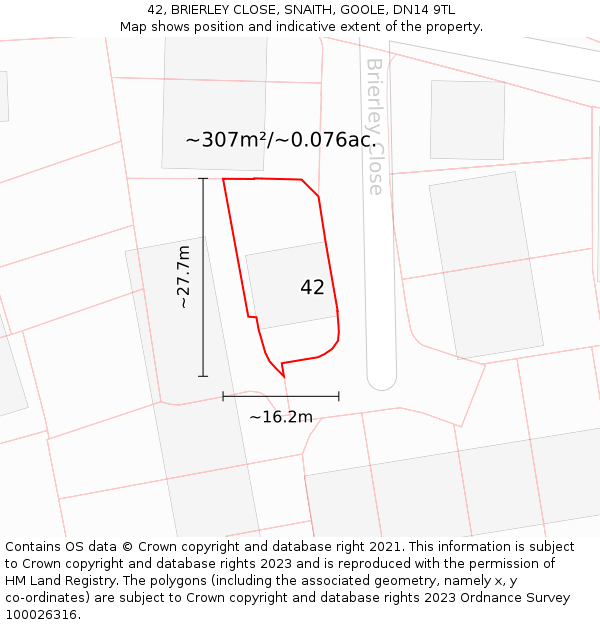 42, BRIERLEY CLOSE, SNAITH, GOOLE, DN14 9TL: Plot and title map