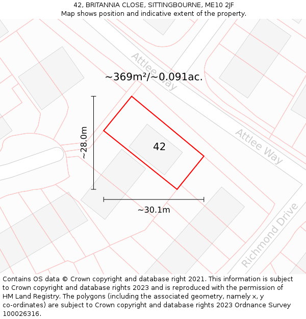 42, BRITANNIA CLOSE, SITTINGBOURNE, ME10 2JF: Plot and title map