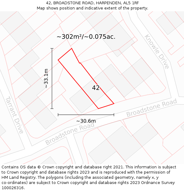 42, BROADSTONE ROAD, HARPENDEN, AL5 1RF: Plot and title map