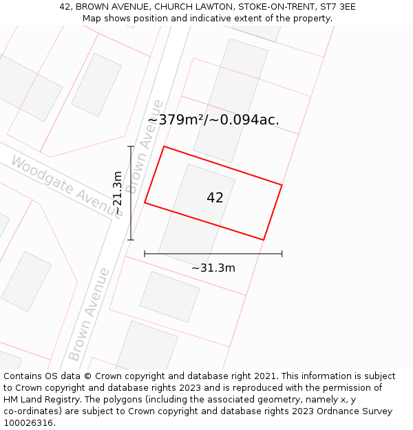 42, BROWN AVENUE, CHURCH LAWTON, STOKE-ON-TRENT, ST7 3EE: Plot and title map