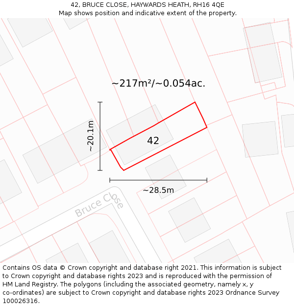 42, BRUCE CLOSE, HAYWARDS HEATH, RH16 4QE: Plot and title map