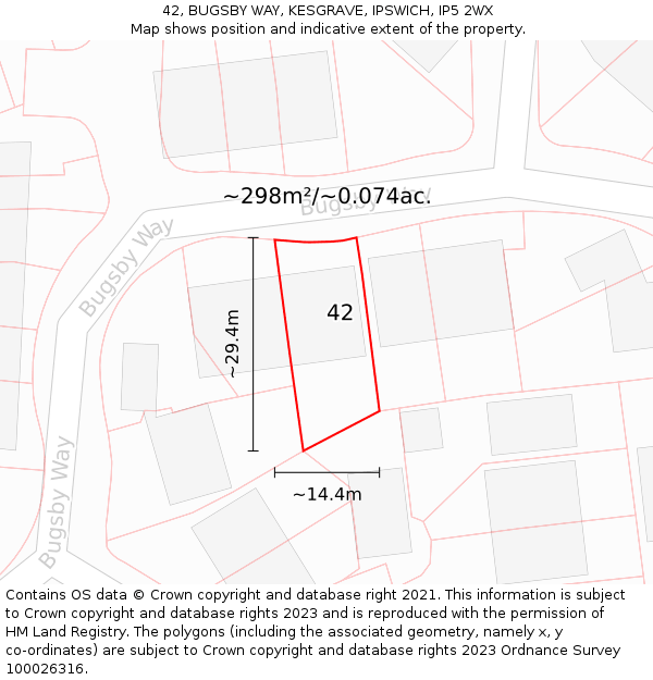 42, BUGSBY WAY, KESGRAVE, IPSWICH, IP5 2WX: Plot and title map