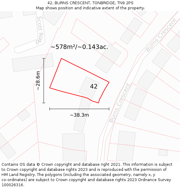 42, BURNS CRESCENT, TONBRIDGE, TN9 2PS: Plot and title map