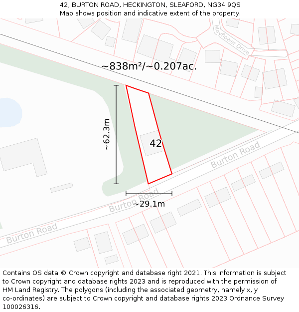 42, BURTON ROAD, HECKINGTON, SLEAFORD, NG34 9QS: Plot and title map