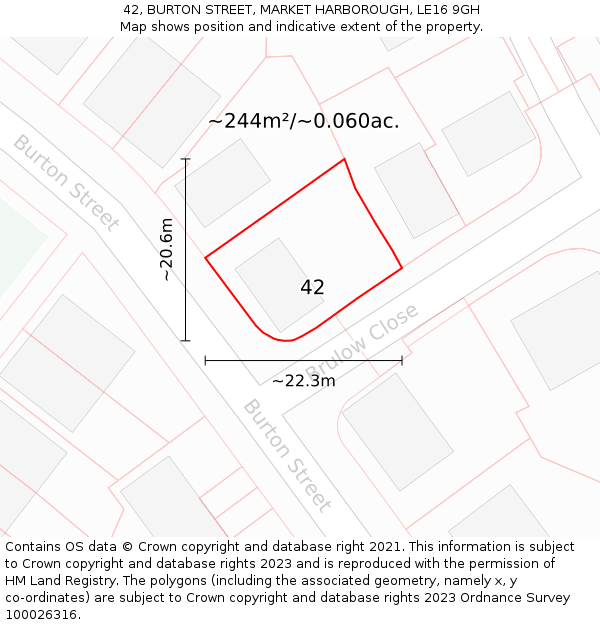 42, BURTON STREET, MARKET HARBOROUGH, LE16 9GH: Plot and title map