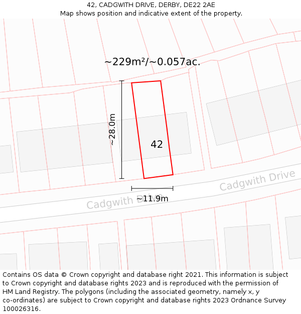 42, CADGWITH DRIVE, DERBY, DE22 2AE: Plot and title map