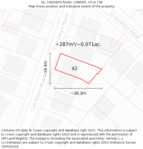 42, CAEGWYN ROAD, CARDIFF, CF14 1TB: Plot and title map