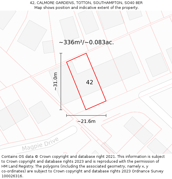 42, CALMORE GARDENS, TOTTON, SOUTHAMPTON, SO40 8ER: Plot and title map